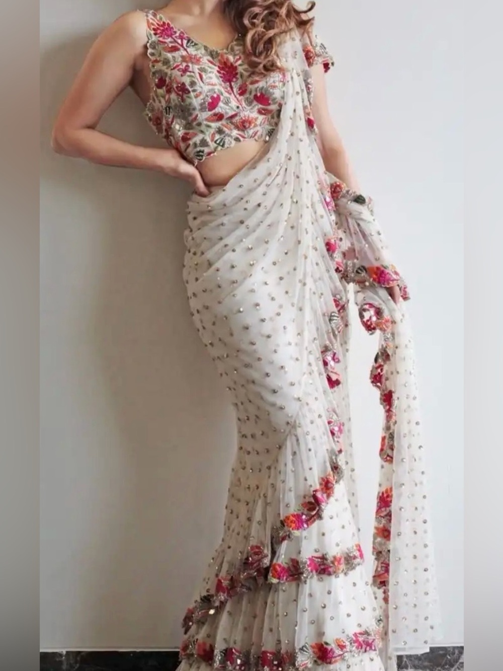 White Saree with Pink Floral Embroidery